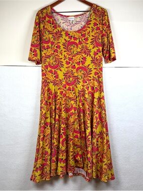 LuLaRoe Nicole Fit & Flare Midi Dress Yellow & Pink Bellflower Floral Womens XL